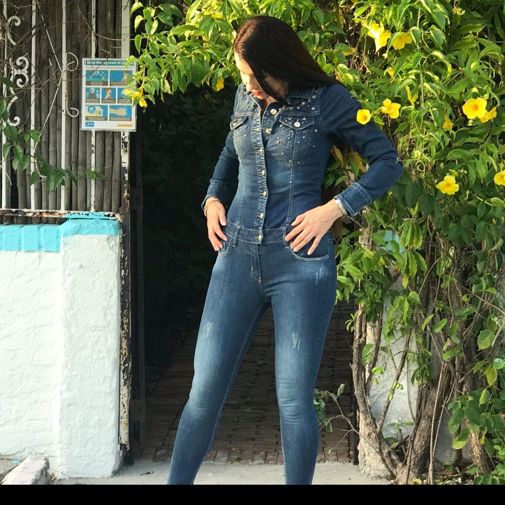 Dishe Jeans this dark blue soft washed jumpsuit with Swarovski crystal